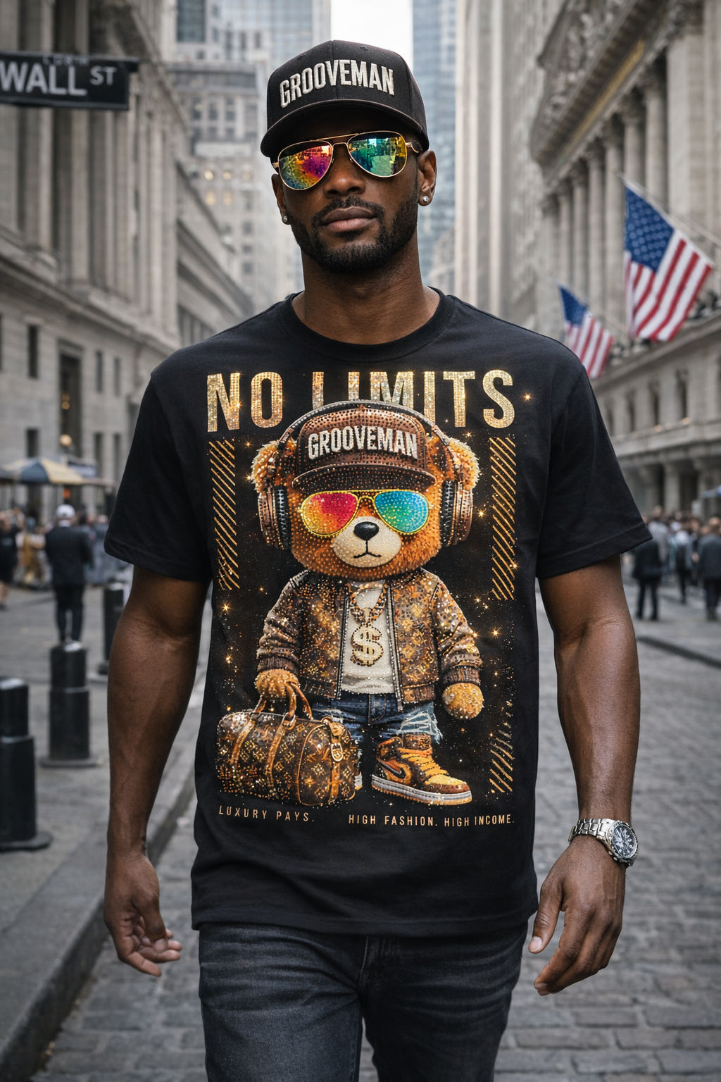 Rhinestone Teddy Bear T-Shirt Men – Bling Bling Graphic Tee Black | Grooveman Exclusive Limited Drop