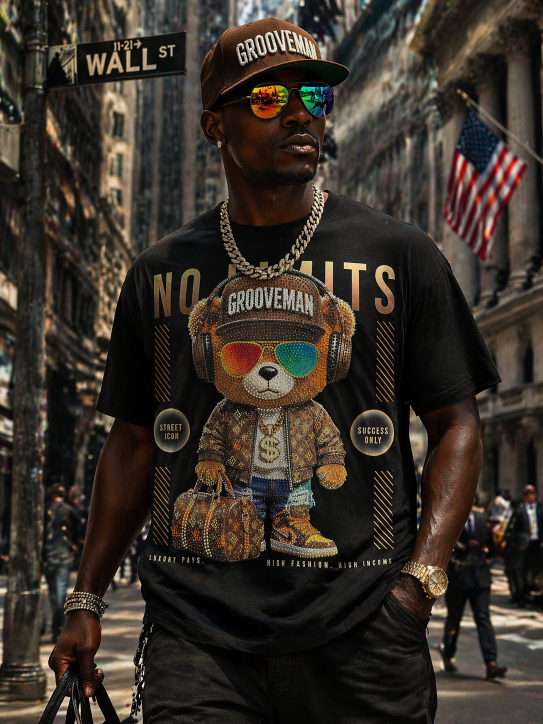 Rhinestone Teddy Bear T-Shirt Men – Bling Bling Graphic Tee Black | Grooveman Exclusive Limited Drop