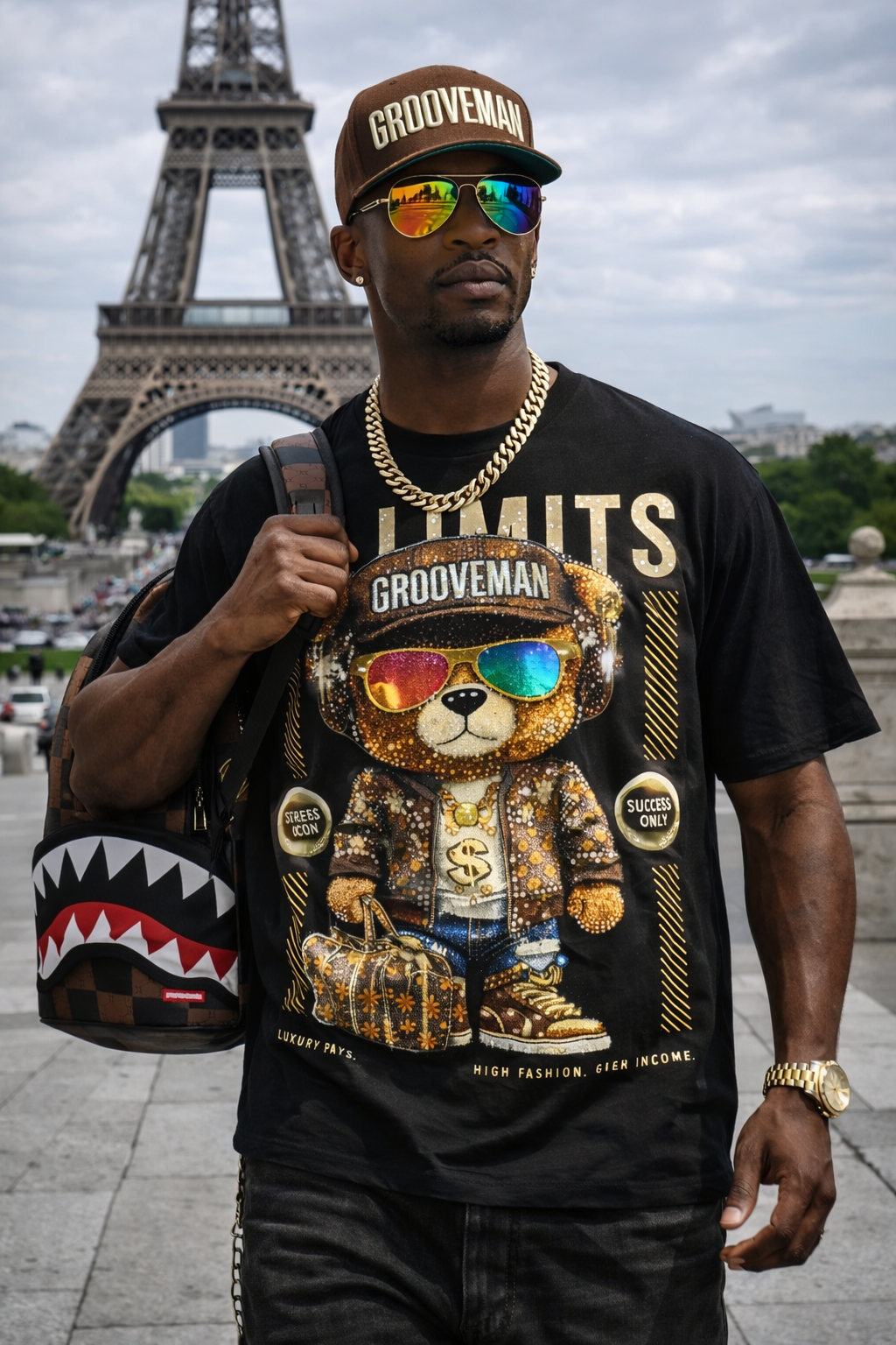 Rhinestone Teddy Bear T-Shirt Men – Bling Bling Graphic Tee Black | Grooveman Exclusive Limited Drop