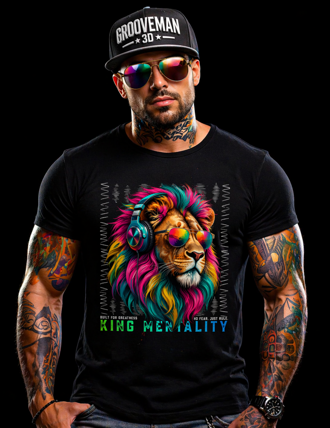 Men’s Graphic T-Shirt – KING MENTALITY Lion Design | Colorful Streetwear Tee | Grooveman Exclusive