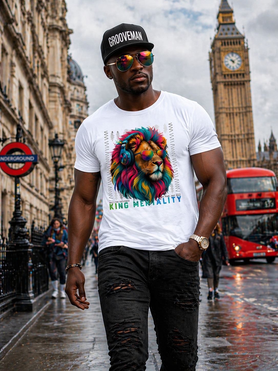 Men’s Graphic T-Shirt – KING MENTALITY Lion Design | Colorful Streetwear Tee | Grooveman Exclusive