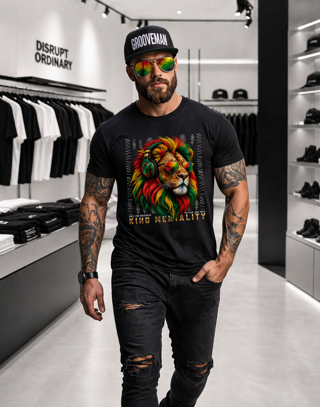 Men’s Graphic T-Shirt – KING MENTALITY Rasta Lion | Reggae Streetwear Tee | Grooveman Exclusive