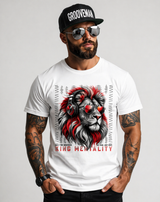 Men’s Graphic T-Shirt – KING MENTALITY Lion (Red/White/Black) | Urban Streetwear Tee | Grooveman Exclusive