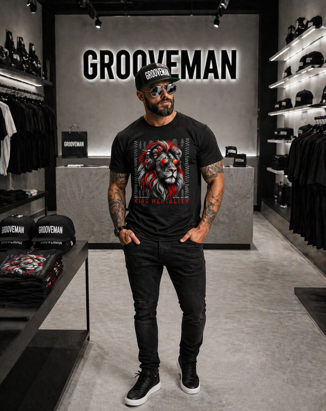 Men’s Graphic T-Shirt – KING MENTALITY Lion (Red/White/Black) | Urban Streetwear Tee | Grooveman Exclusive