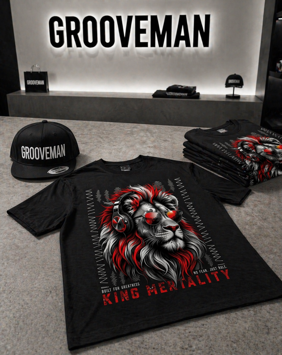 Men’s Graphic T-Shirt – KING MENTALITY Lion (Red/White/Black) | Urban Streetwear Tee | Grooveman Exclusive