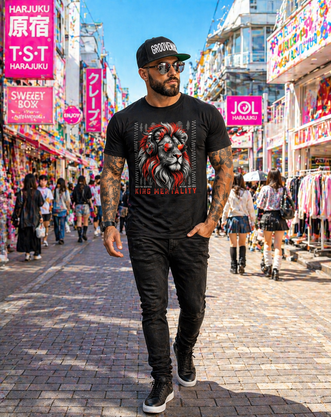 Men’s Graphic T-Shirt – KING MENTALITY Lion (Red/White/Black) | Urban Streetwear Tee | Grooveman Exclusive