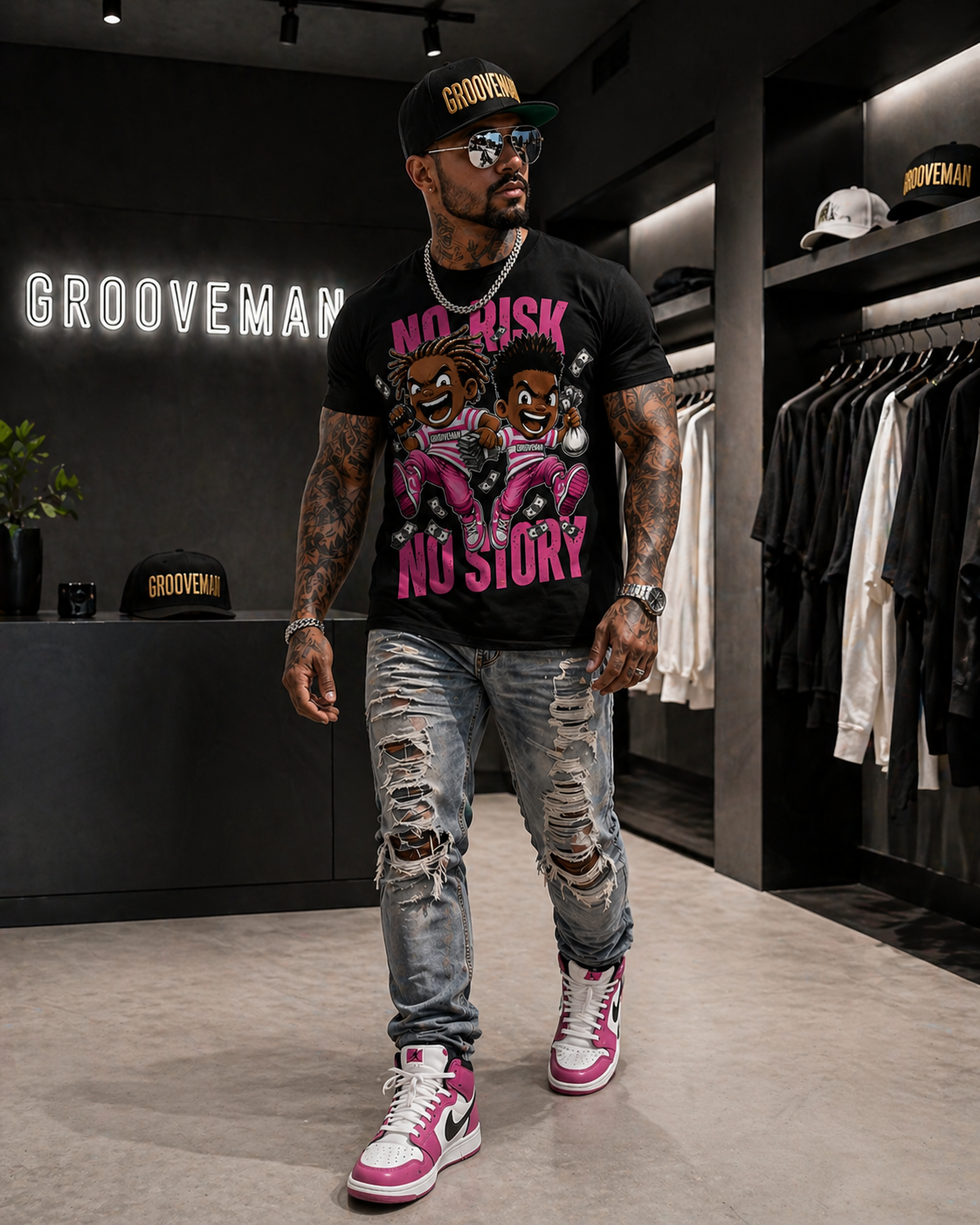 Men’s Graphic T-Shirt “No Risk No Story” – Grooveman Streetwear Tee (Oversized Fit)