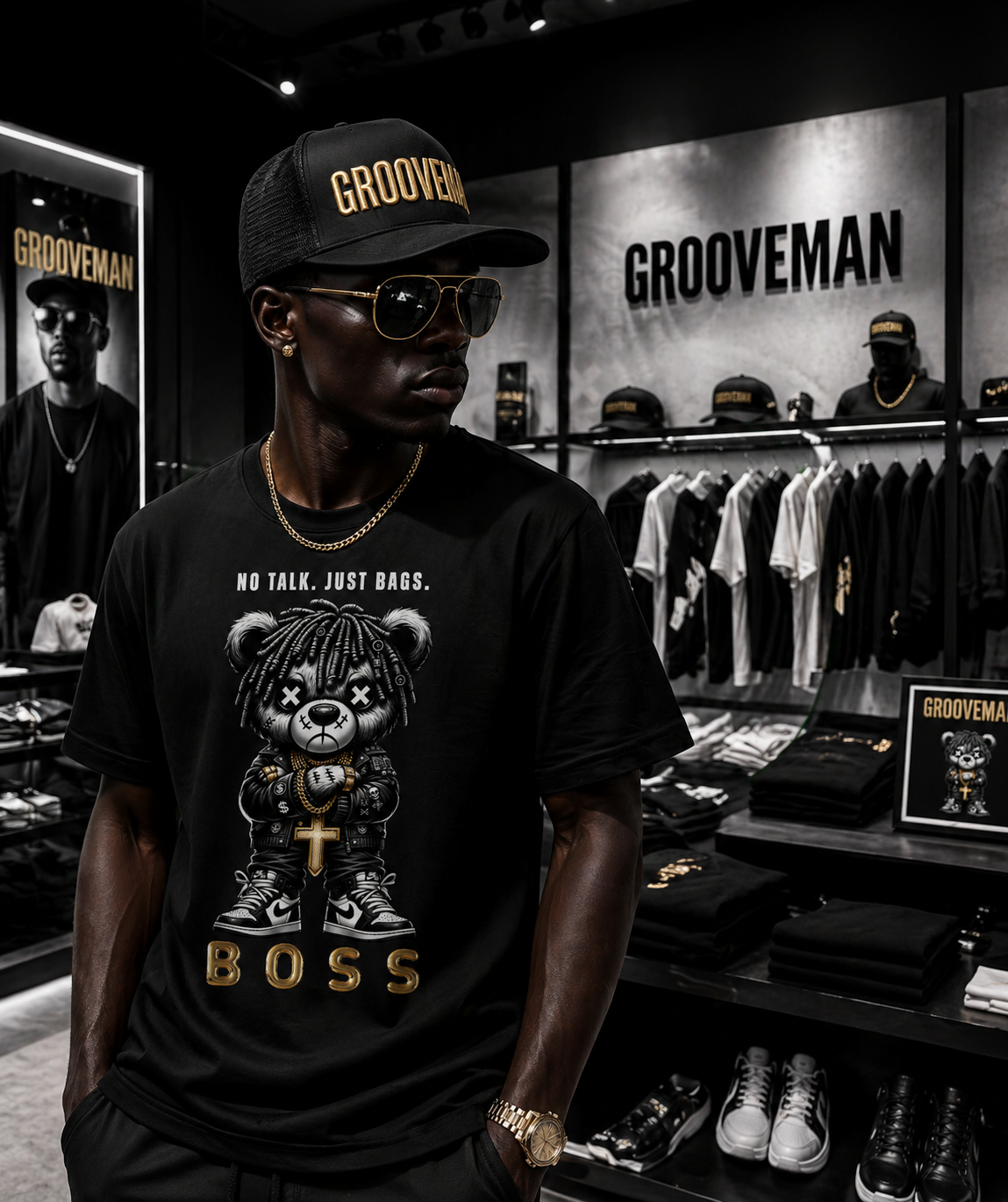 Grooveman “No Talk Just Bags” Black Collection T-Shirt – Luxury Streetwear Graphic Tee (Runs Big)