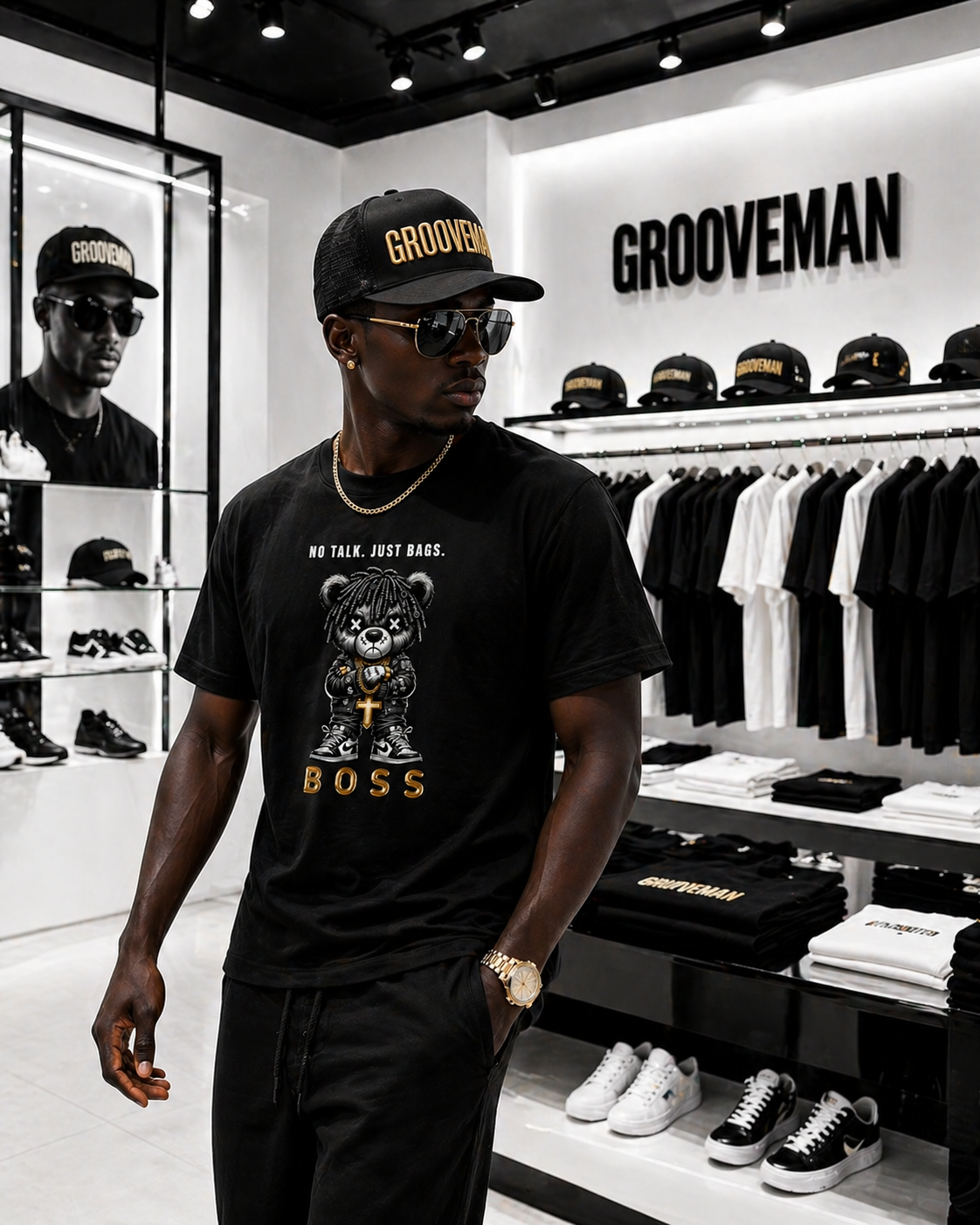 Grooveman “No Talk Just Bags” Black Collection T-Shirt – Luxury Streetwear Graphic Tee (Runs Big)