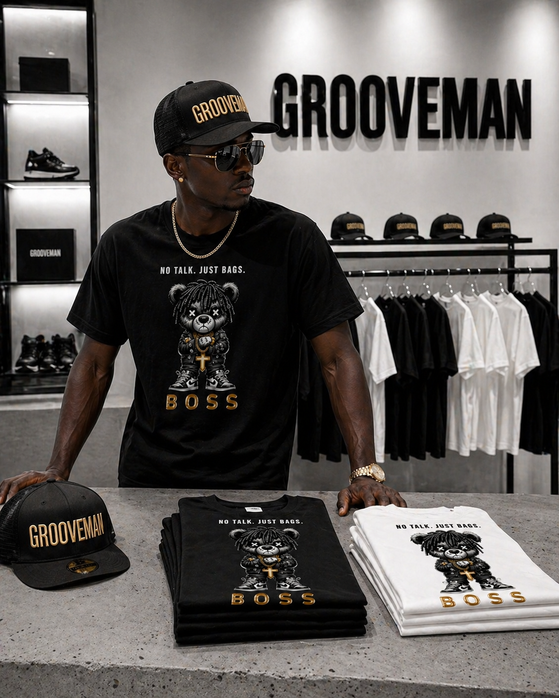 Grooveman “No Talk Just Bags” Black Collection T-Shirt – Luxury Streetwear Graphic Tee (Runs Big)