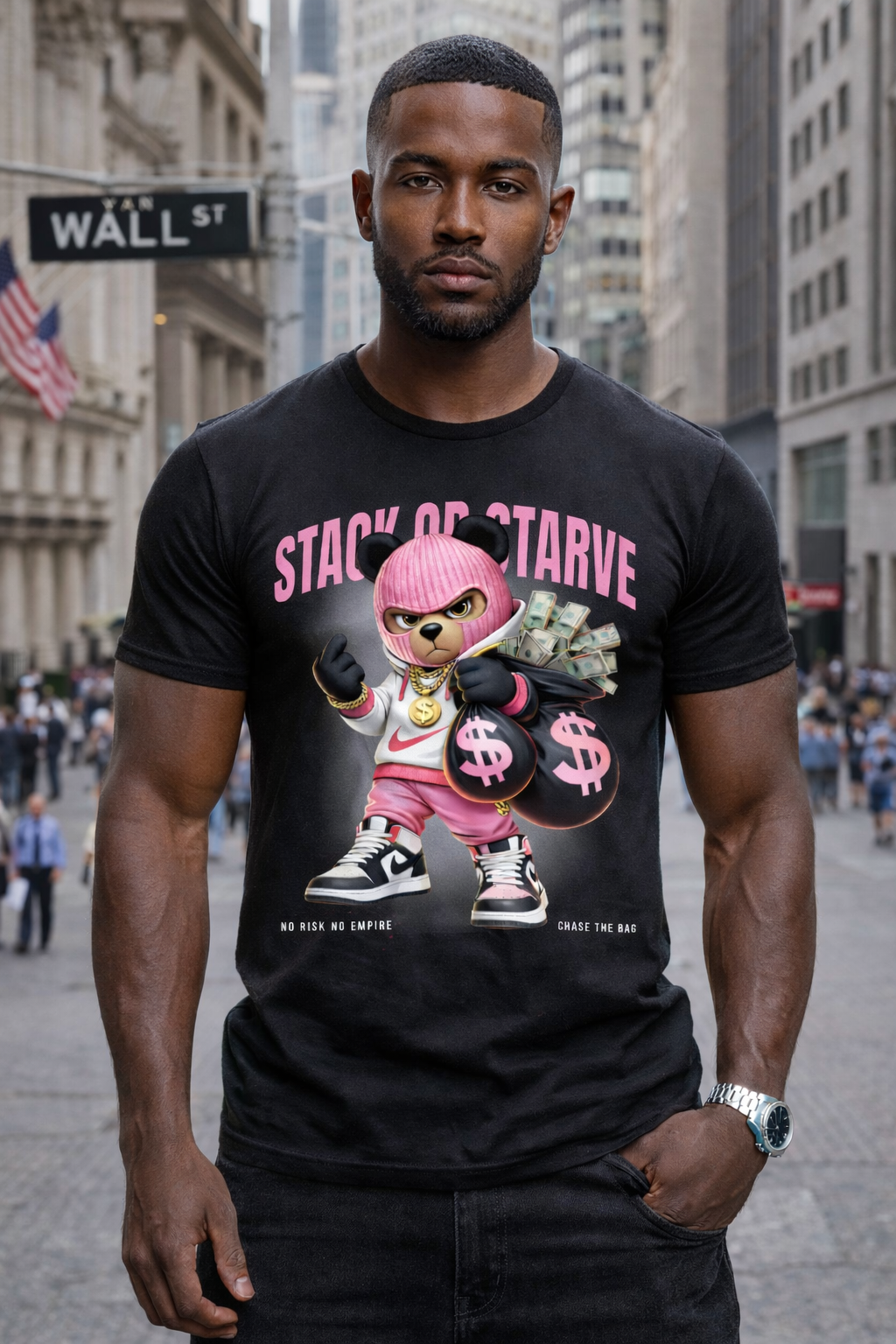Men’s Graphic T-Shirt “Stack or Starve” Pink Bear – Regular Fit GROOVEMAN