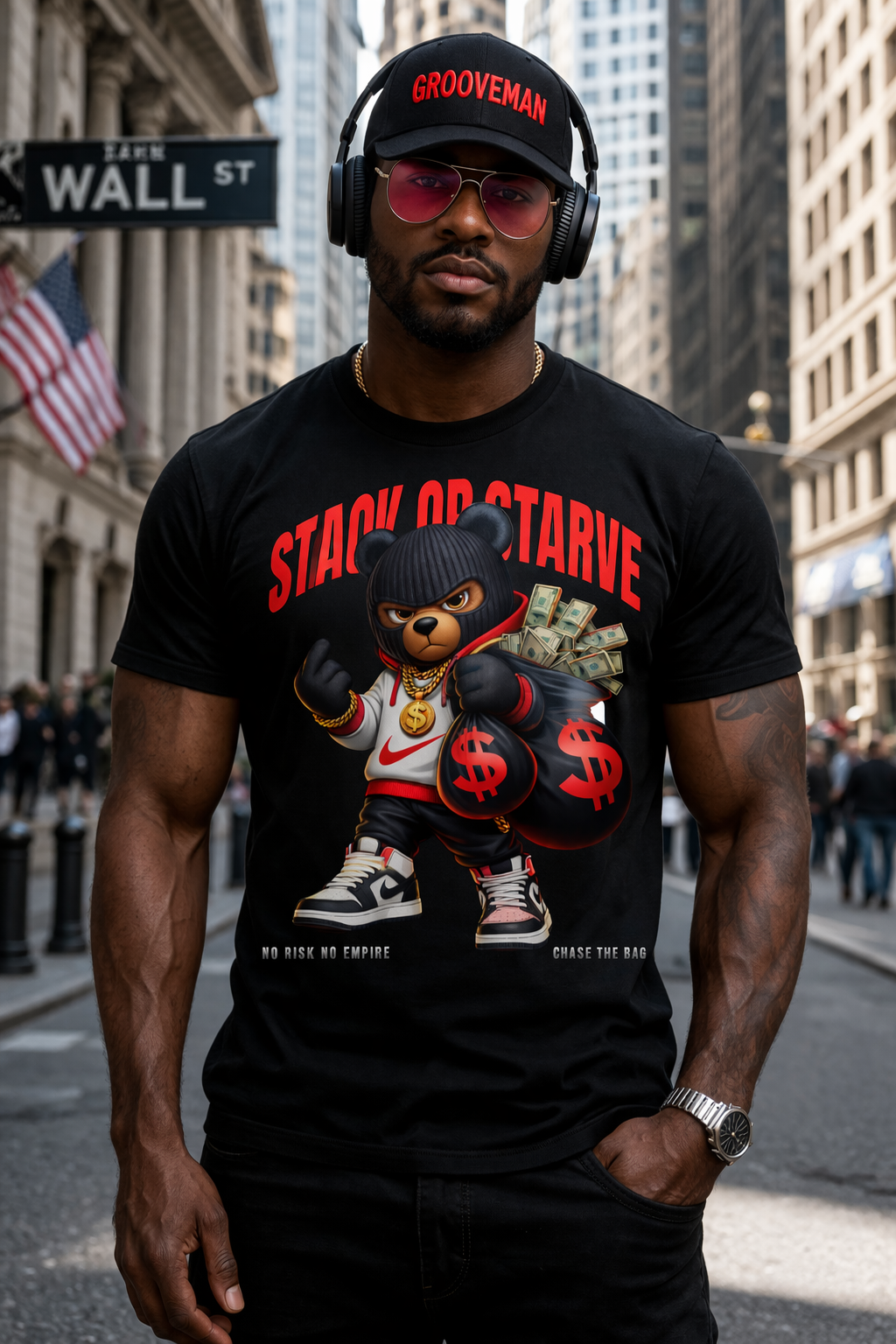 Men’s White Graphic T-Shirt “Stack or Starve” Red Bear – Regular Fit GROOVEMAN