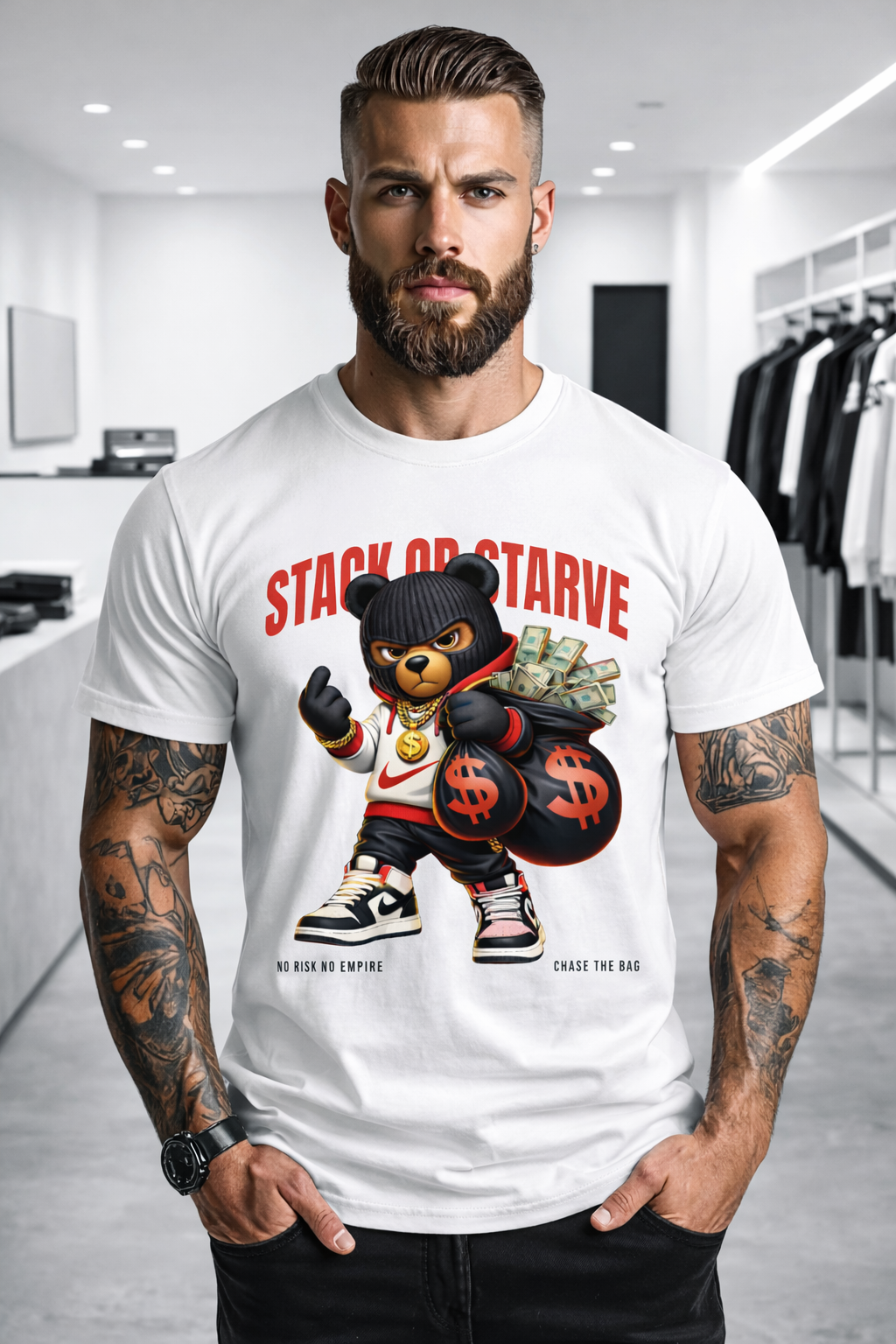 Men’s White Graphic T-Shirt “Stack or Starve” Red Bear – Regular Fit GROOVEMAN