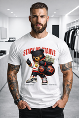 Men’s White Graphic T-Shirt “Stack or Starve” Red Bear – Regular Fit GROOVEMAN