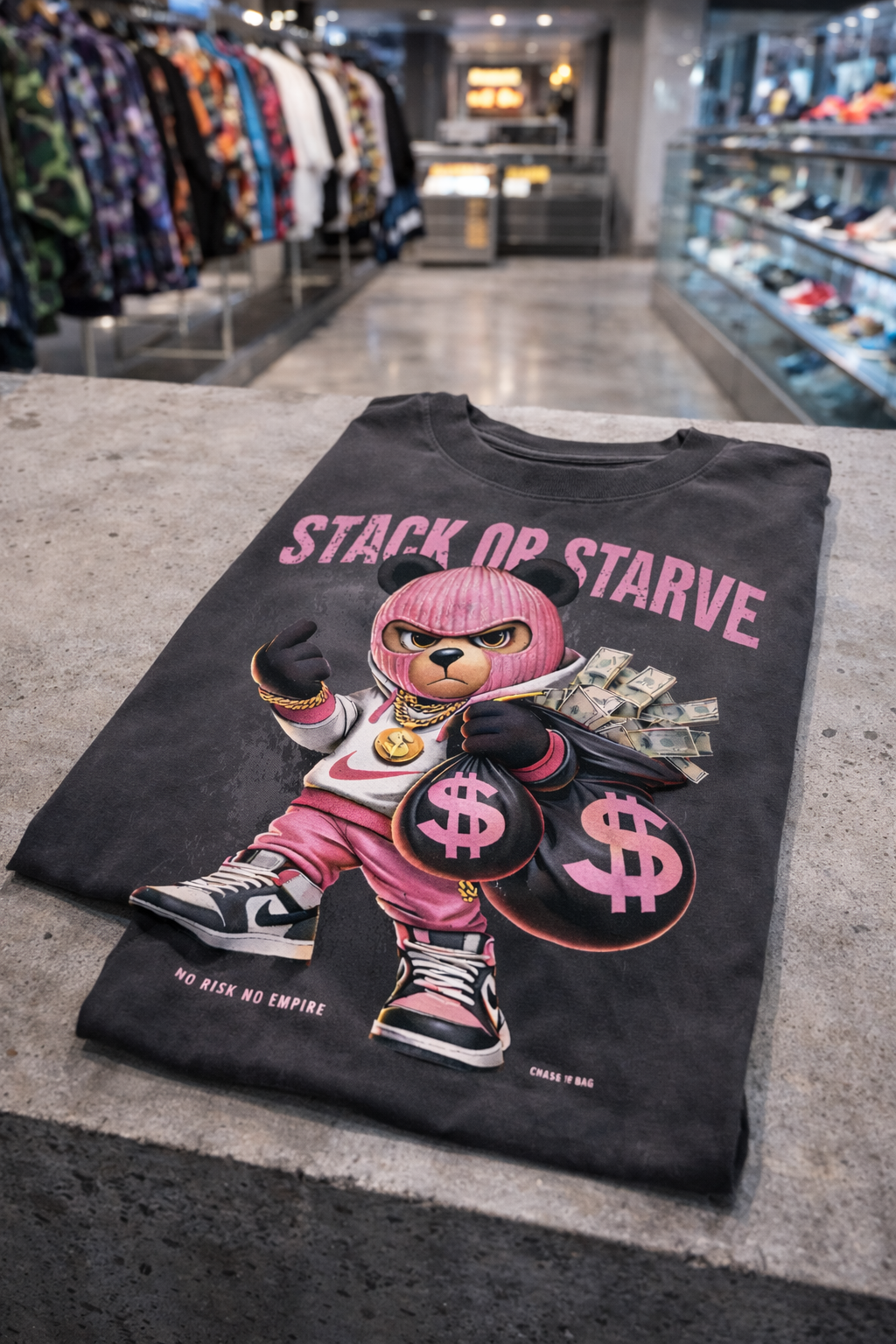 Stack or Starve Pink Bear Graphic Tee – Oversized Streetwear Fit GROOVEMAN