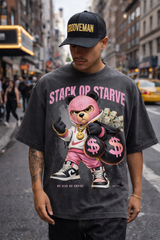 Stack or Starve Pink Bear Graphic Tee – Oversized Streetwear Fit GROOVEMAN