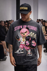 Stack or Starve Pink Bear Graphic Tee – Oversized Streetwear Fit GROOVEMAN