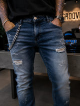 Men’s Distressed Slim Fit Jeans with Chain – Blue Ripped Denim