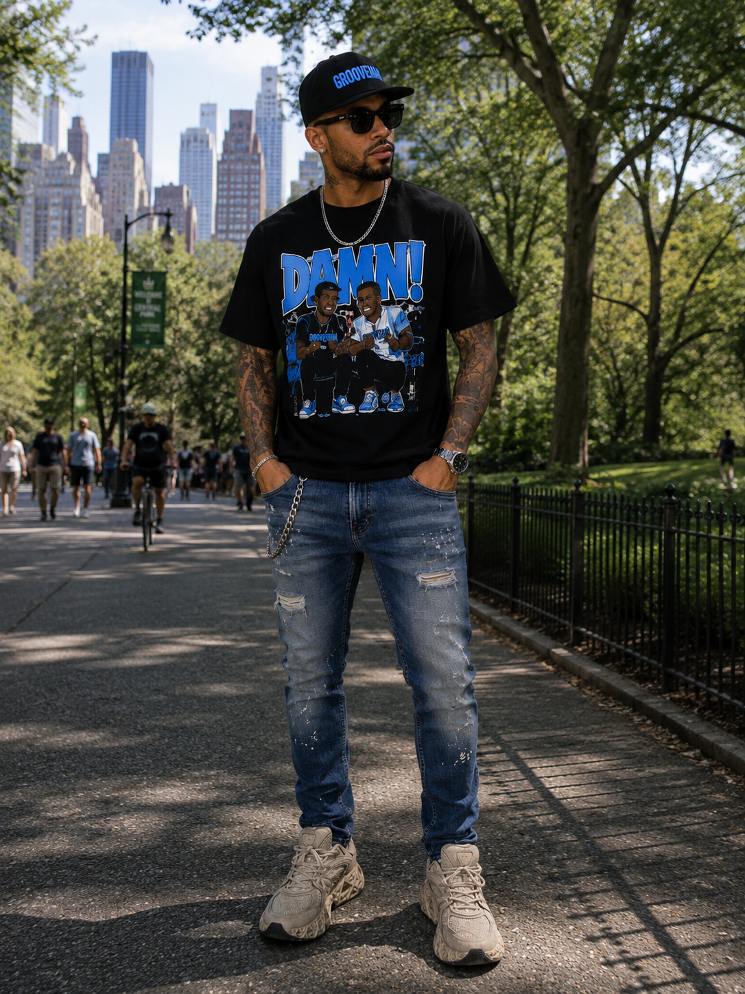 Men’s Distressed Slim Fit Jeans with Chain – Blue Ripped Denim