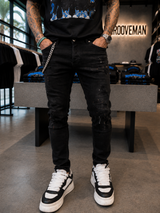 Black Island Men’s Black Distressed Slim Fit Jeans with Chain