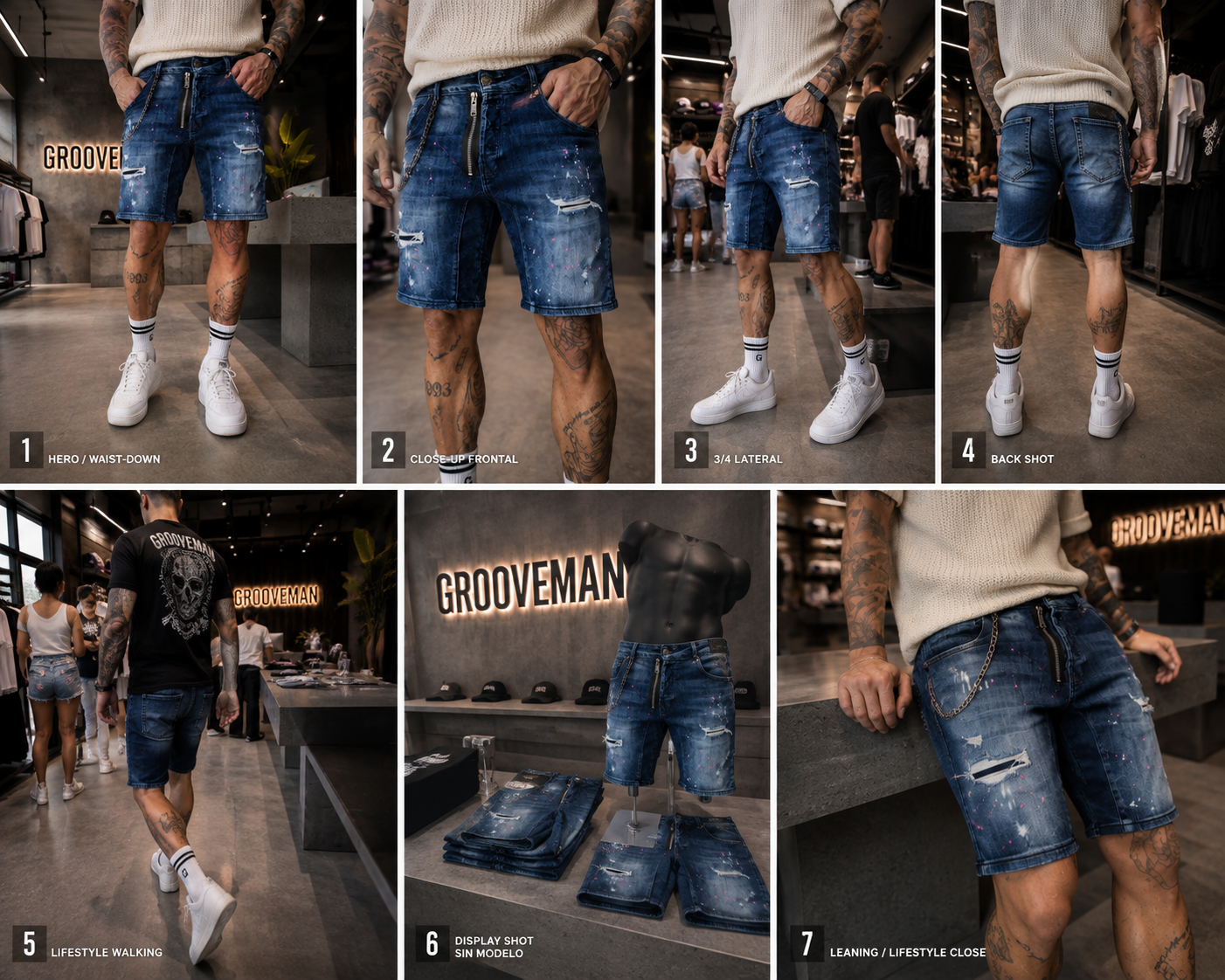 Black Island Distressed Denim Shorts – Paint Splatter & Chain Detail