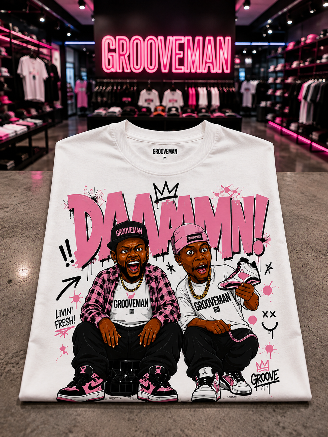 Grooveman DAAAAMN! Pink Graphic T-Shirt – Premium Streetwear Tee
