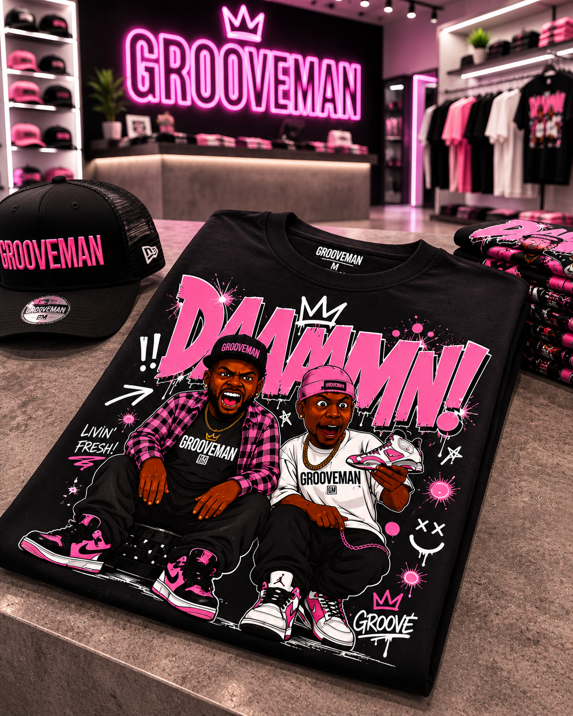 Grooveman DAAAAMN! Pink Graphic T-Shirt – Premium Streetwear Tee