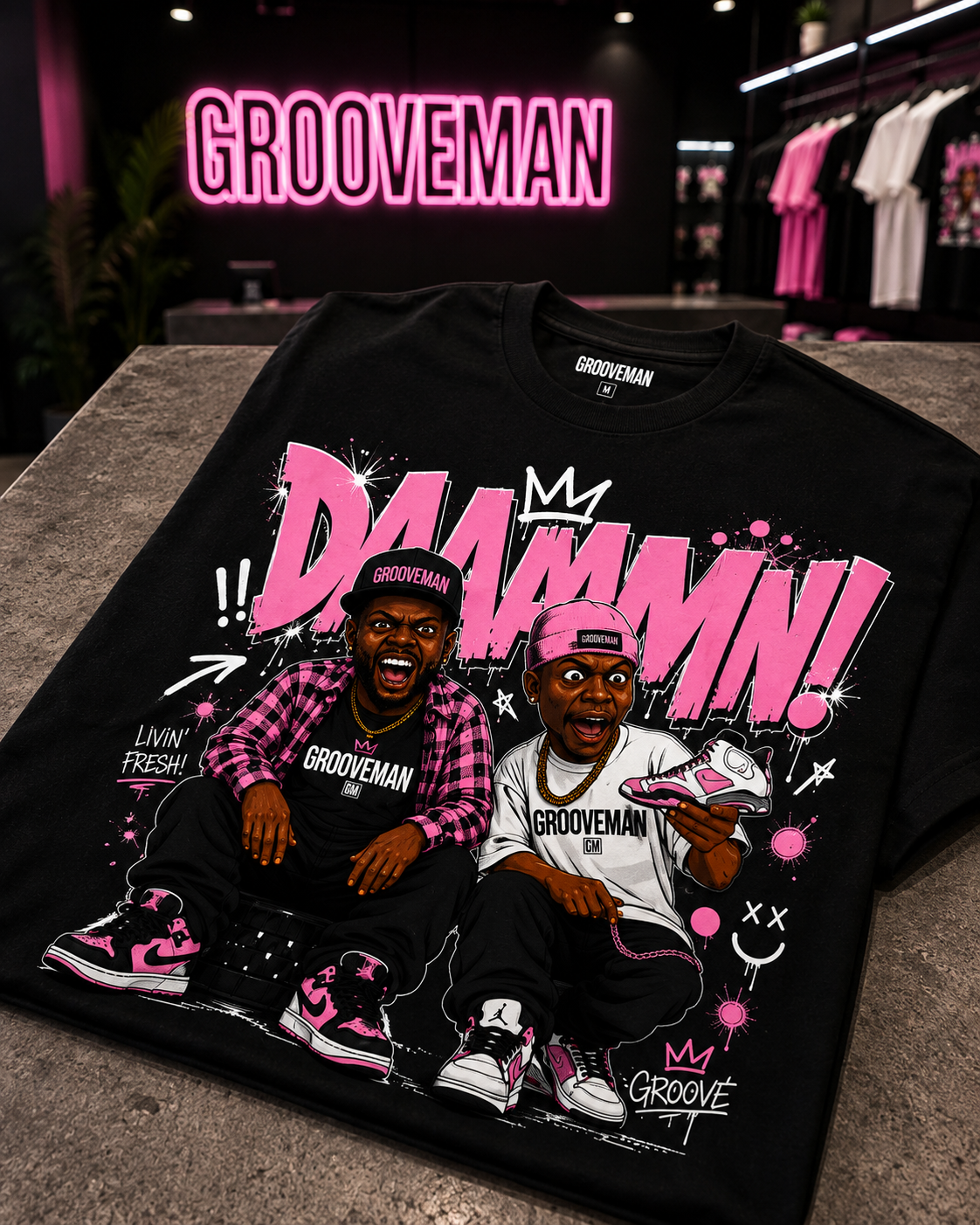 Grooveman DAAAAMN! Pink Graphic T-Shirt – Premium Streetwear Tee