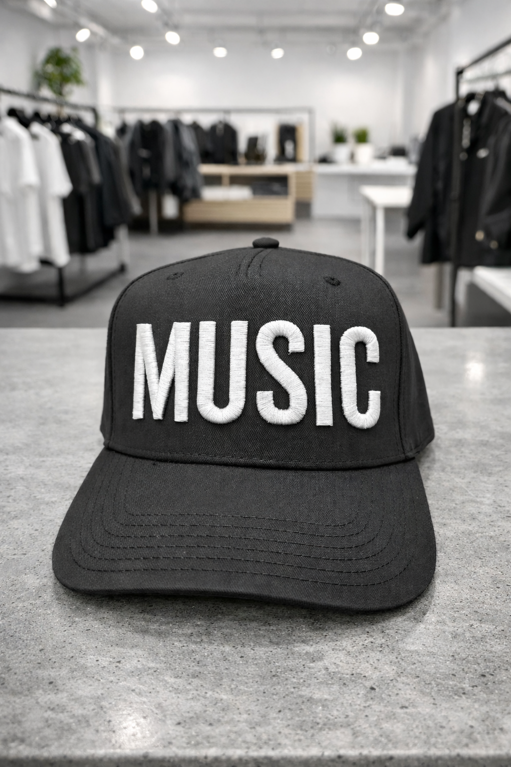 Music Snapback Hat – Black Streetwear Cap with Embroidery (White / Black / Gold)