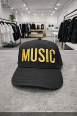 Music Snapback Hat – Black Streetwear Cap with Embroidery (White / Black / Gold)