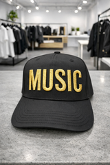 Music Snapback Hat – Black Streetwear Cap with Embroidery (White / Black / Gold)