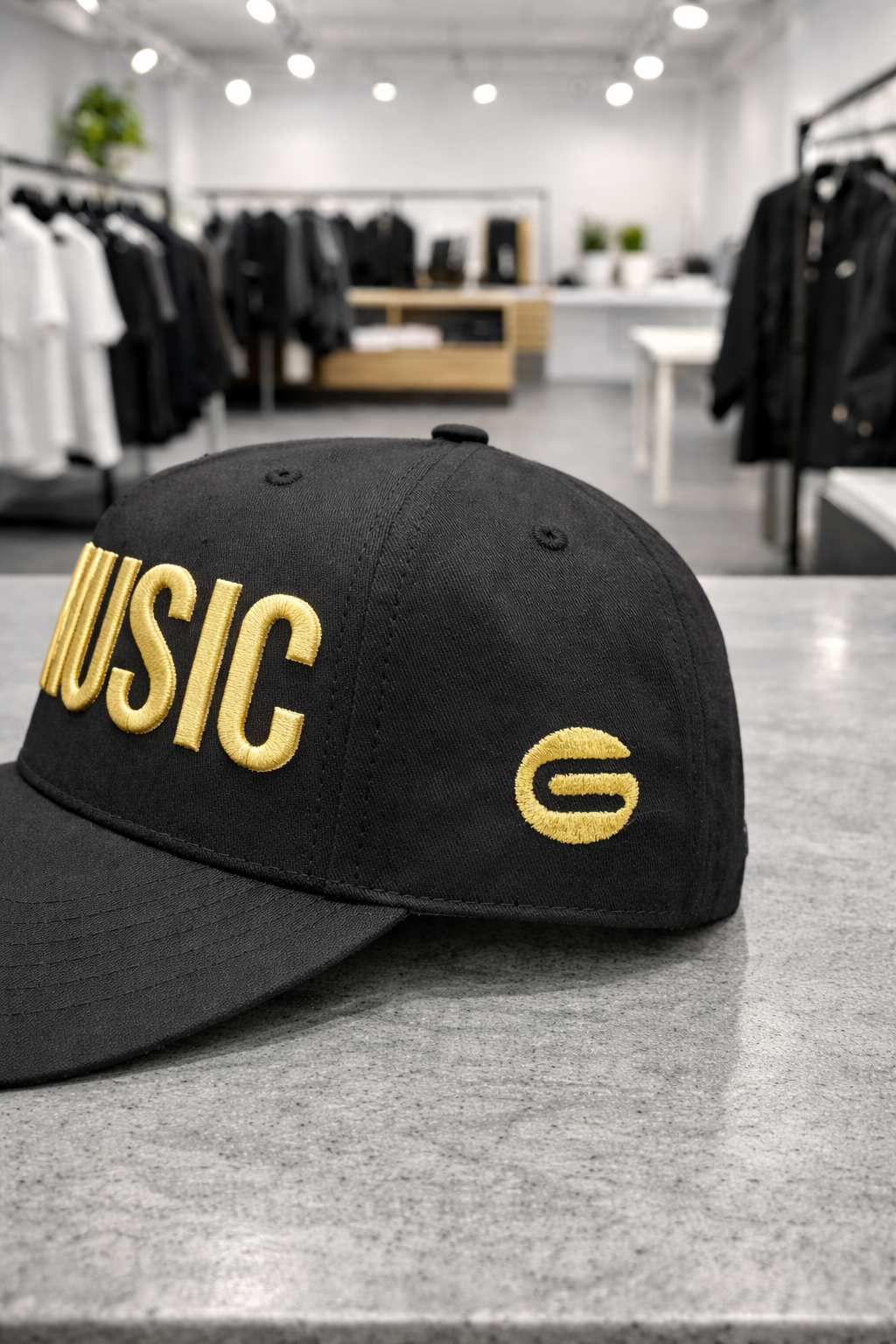 Music Snapback Hat – Black Streetwear Cap with Embroidery (White / Black / Gold)
