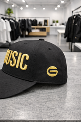 Music Snapback Hat – Black Streetwear Cap with Embroidery (White / Black / Gold)