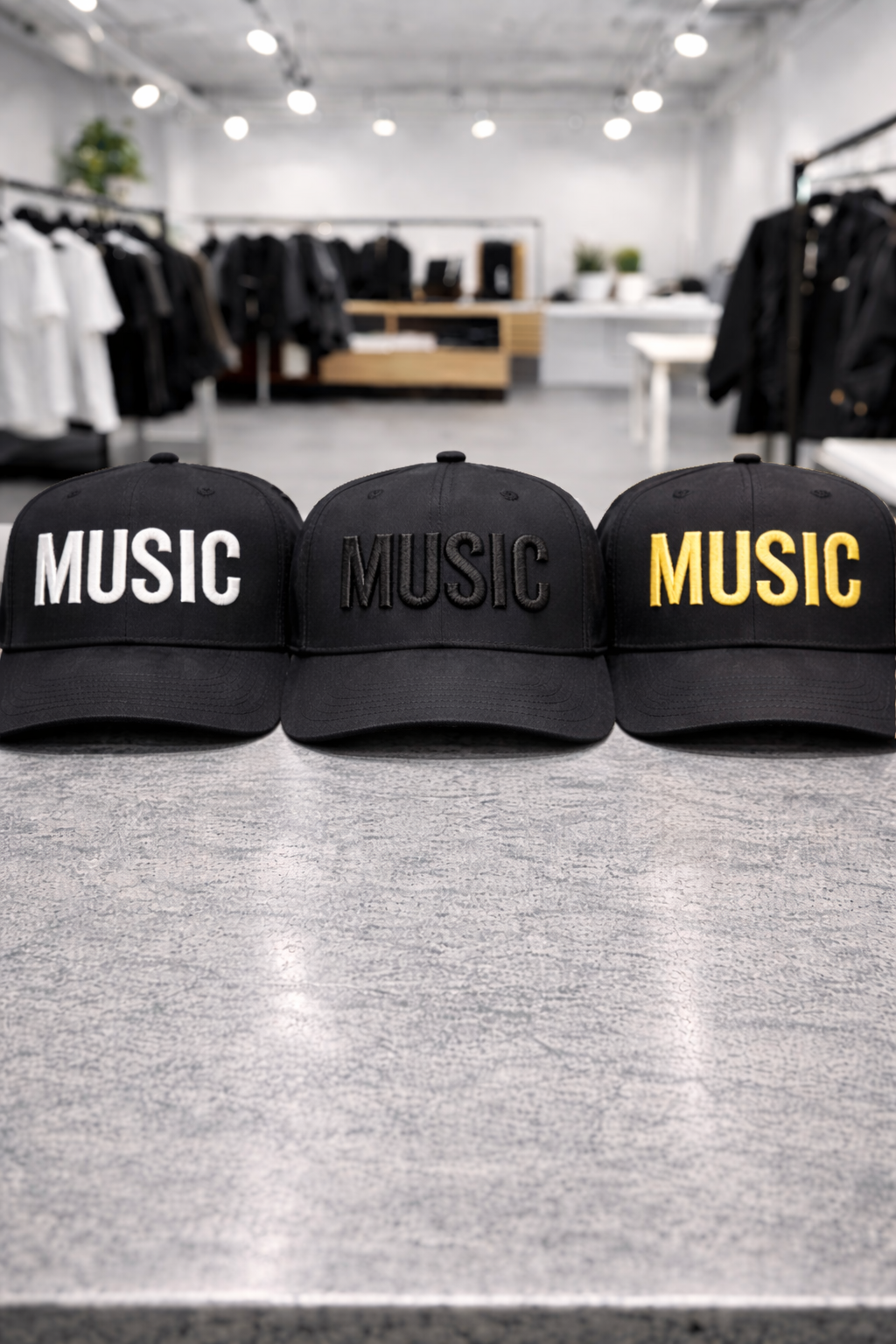 Music Snapback Hat – Black Streetwear Cap with Embroidery (White / Black / Gold)