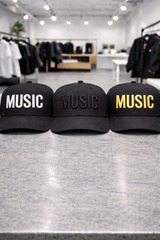 Music Snapback Hat – Black Streetwear Cap with Embroidery (White / Black / Gold)