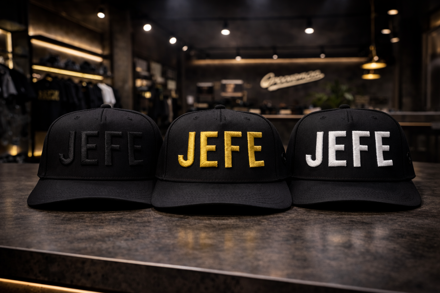 Jefe 3d Snapback – Black, Gold & White Embroidery
