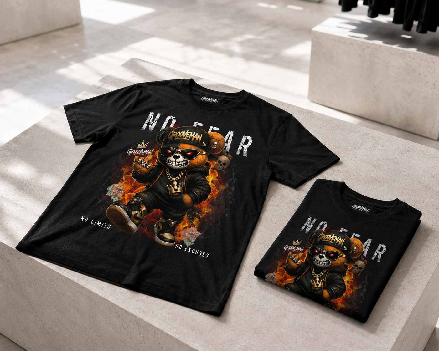 No Fear Skull Teddy Tee – Streetwear Graphic T-Shirt for Men | Grooveman