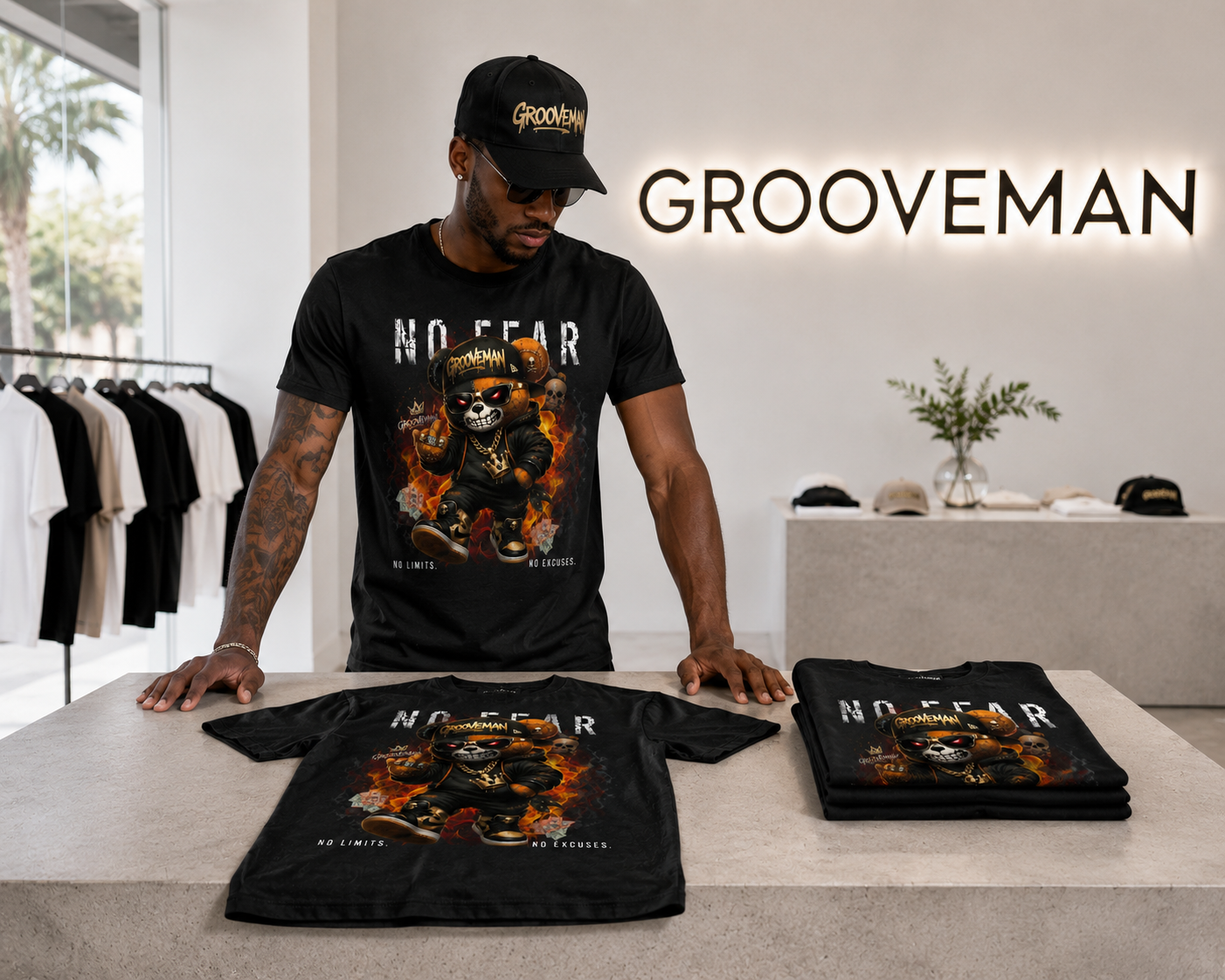 No Fear Skull Teddy Tee – Streetwear Graphic T-Shirt for Men | Grooveman