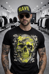 Rhinestone Skull Graphic T-Shirt – Neon Yellow Bling Streetwear Tee | Grooveman
