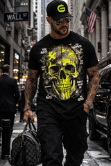 Rhinestone Skull Graphic T-Shirt – Neon Yellow Bling Streetwear Tee | Grooveman