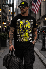 Rhinestone Skull Graphic T-Shirt – Neon Yellow Bling Streetwear Tee | Grooveman