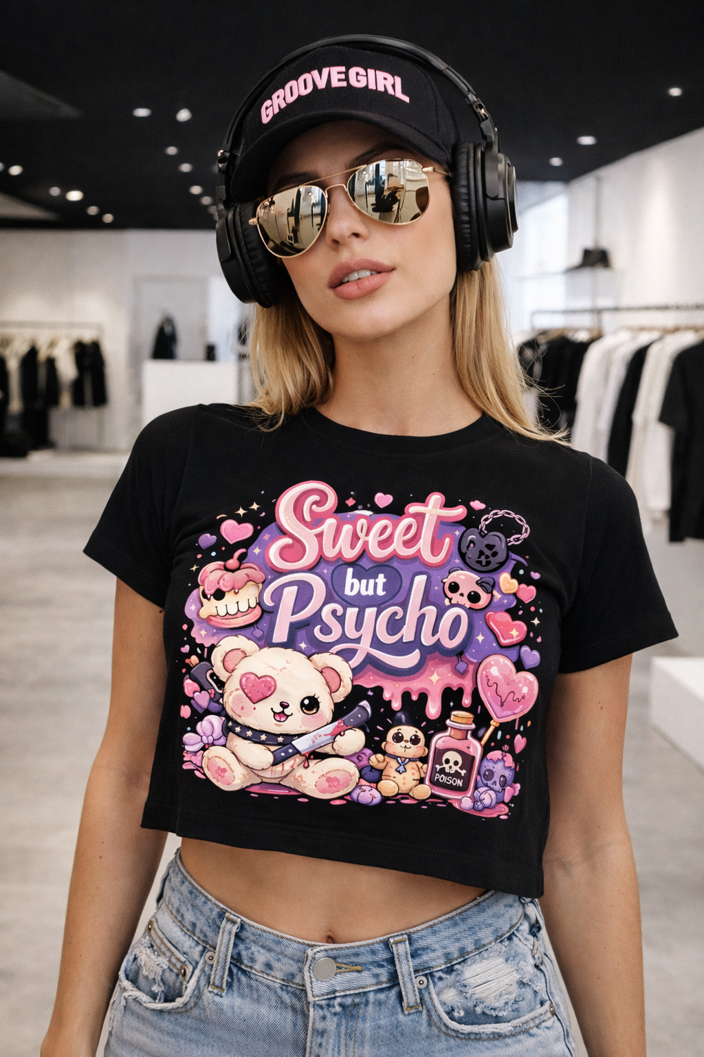 Sweet But Psycho Crop T-Shirt – Cute Teddy Graphic Baby Pink Streetwear Tee | Grooveman Exclusive