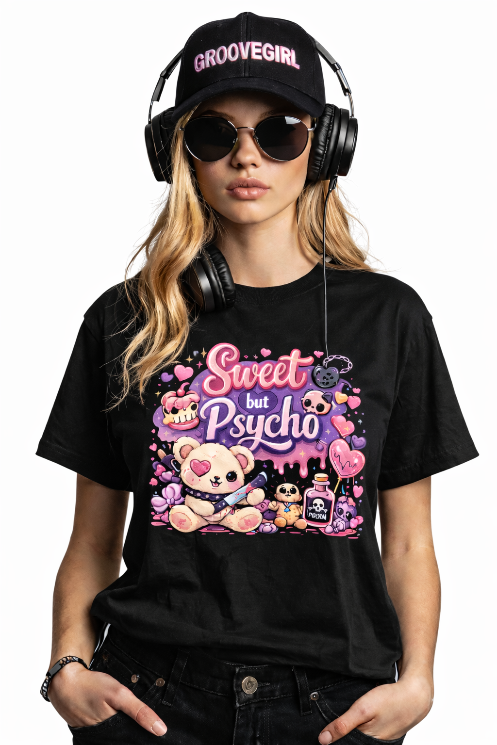 Sweet But Psycho Crop T-Shirt – Cute Teddy Graphic Baby Pink Streetwear Tee | Grooveman Exclusive