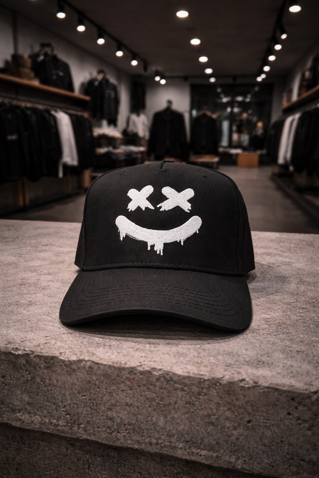 Dripping Smiley Embroidered Hat – Black Streetwear Cap | Grooveman Exclusive