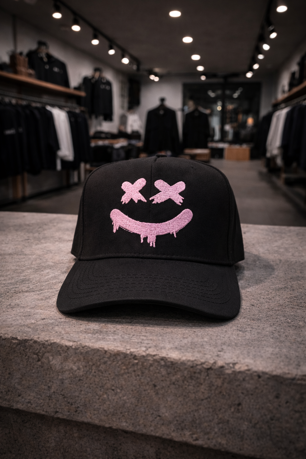 Dripping Smiley Embroidered Hat – Black Streetwear Cap | Grooveman Exclusive