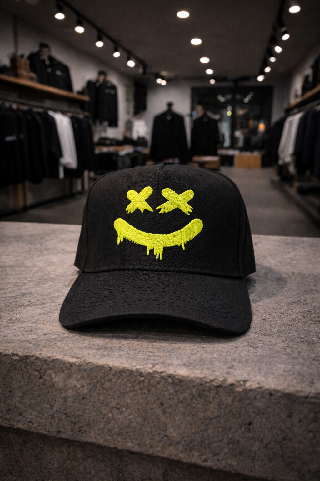 Dripping Smiley Embroidered Hat – Black Streetwear Cap | Grooveman Exclusive