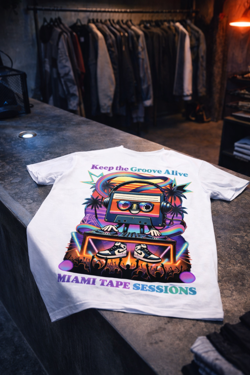 Grooveman “Miami Tape Sessions” Graphic T-Shirt – Retro DJ Cassette Tee