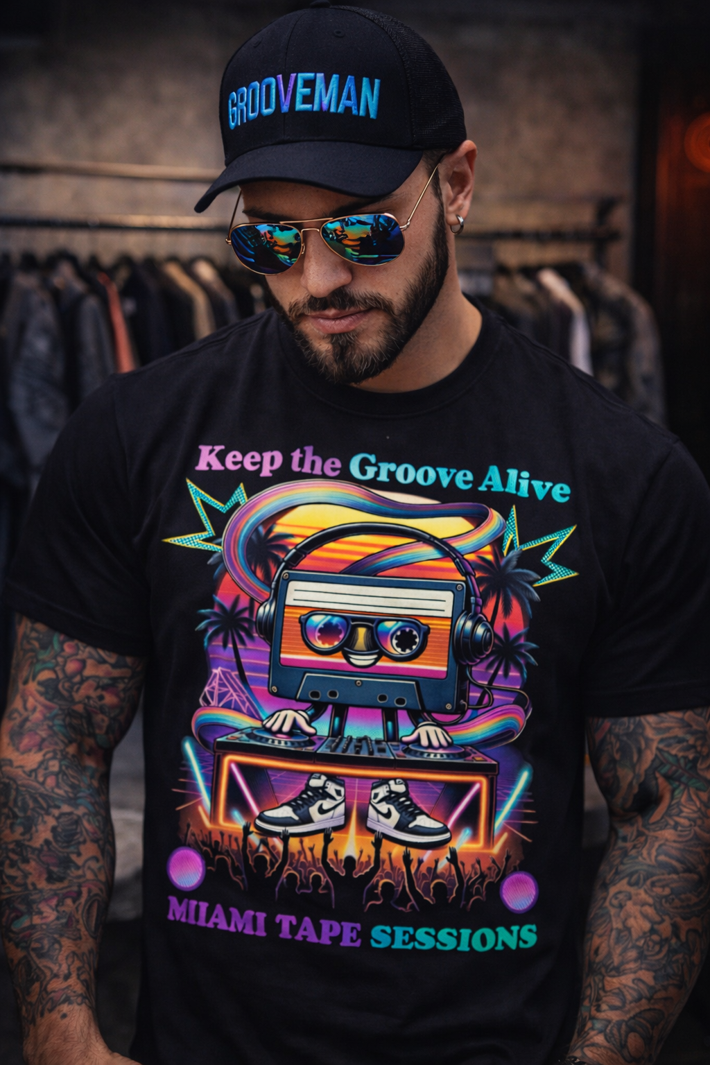 Grooveman “Miami Tape Sessions” Graphic T-Shirt – Retro DJ Cassette Tee