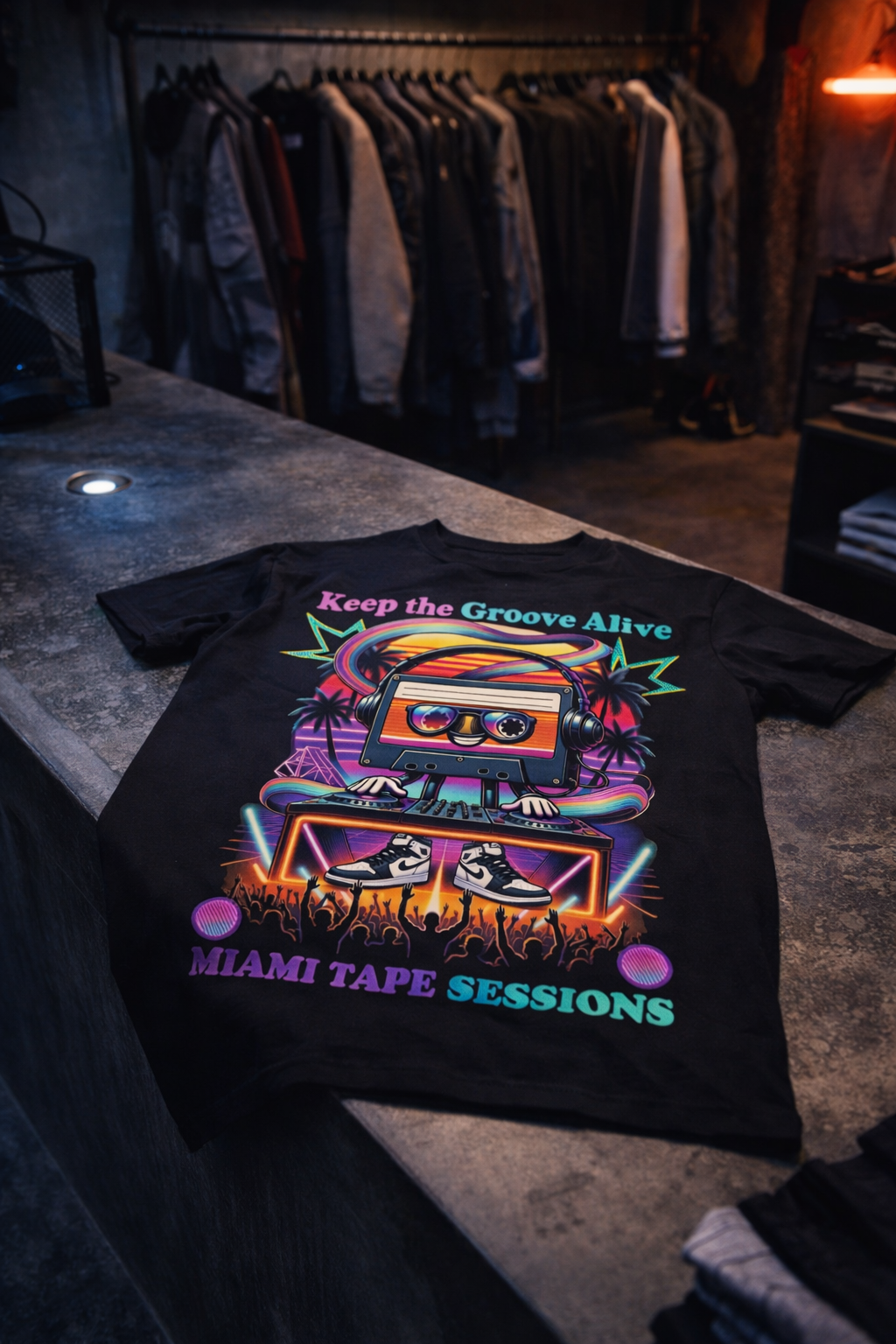 Grooveman “Miami Tape Sessions” Graphic T-Shirt – Retro DJ Cassette Tee