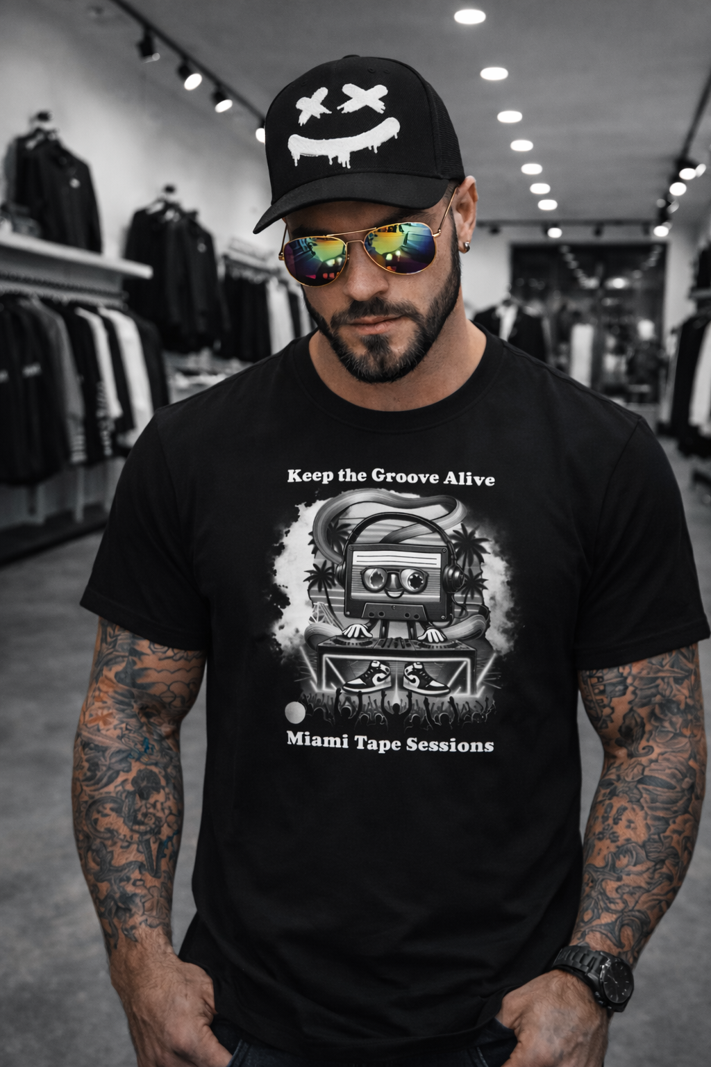 Miami Tape Sessions DJ T-Shirt | Retro Cassette Graphic Tee | Grooveman Music